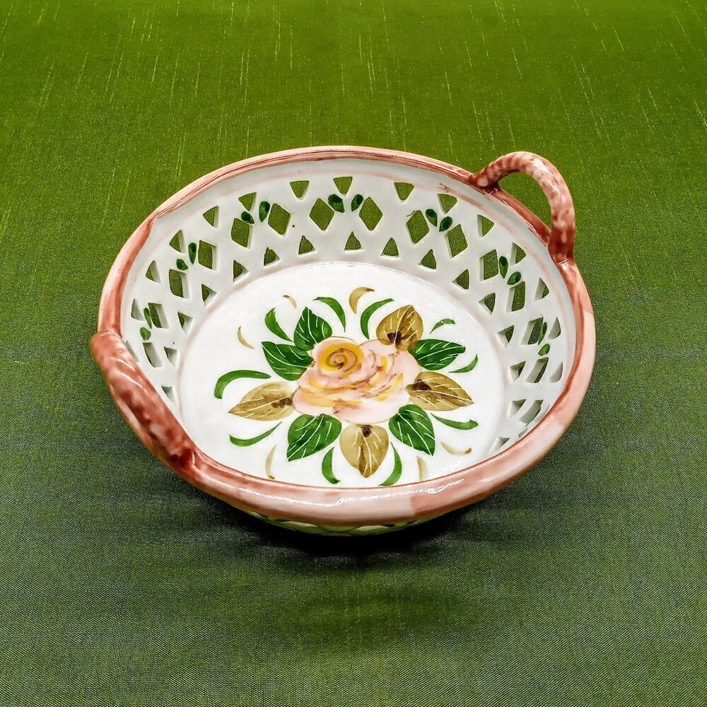 Handcrafted Thai Rose Pink Green Reticulated Double Handle Ceramic Dish